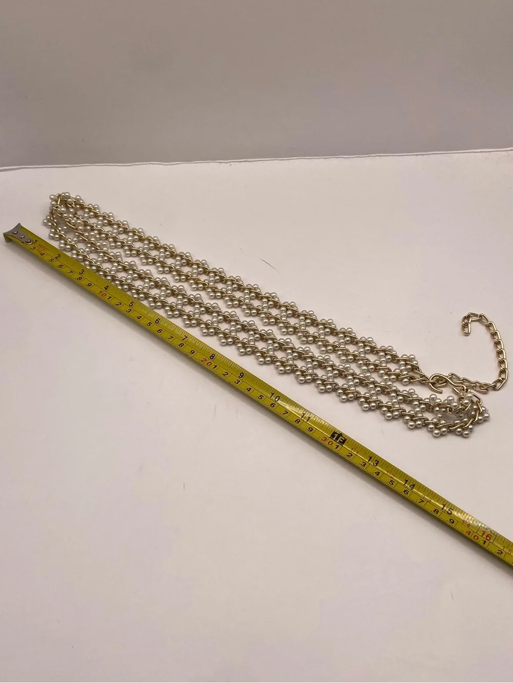 Vintage 1980s Gold Tone Faux Pearl Chain Belt Wide Adjustable Statement Belt